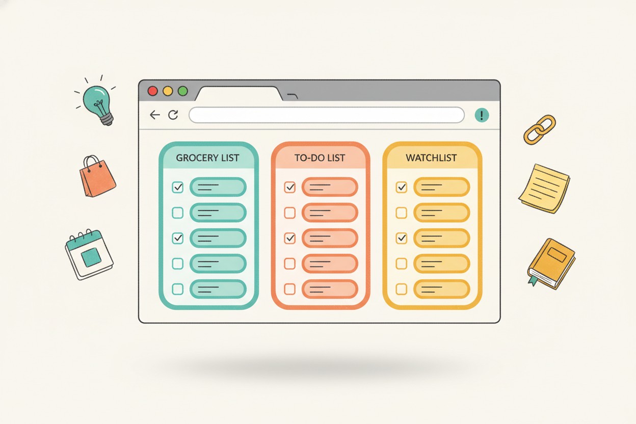 Stylized browser window showing the Throw It On The List app with organized colorful lists and playful hand-drawn accent illustrations floating around it