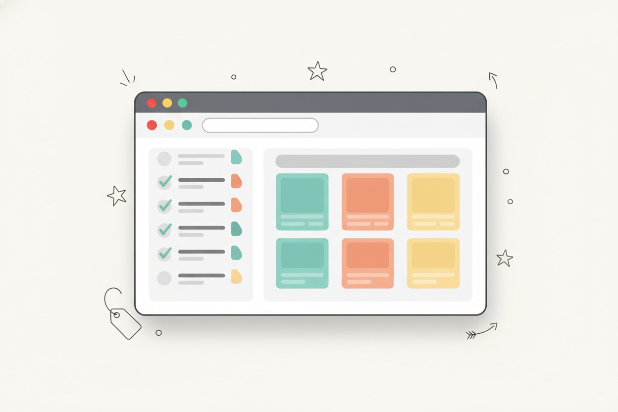 Browser window showing list management interface with colorful tags, kanban board view, and checklist items organized by category